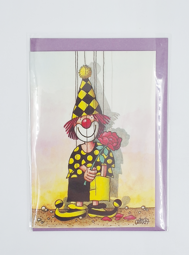 Wenskaart clown roos