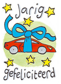 Wenskaart auto, jarig gefeliciteerd