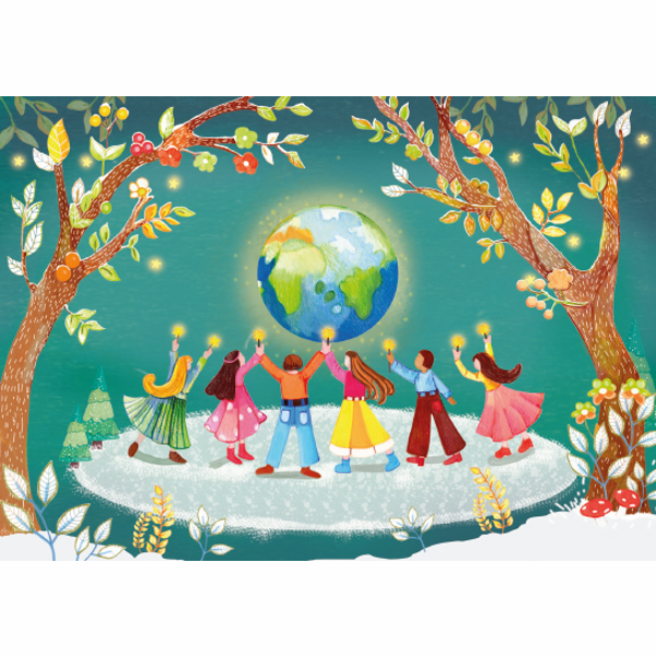 wenskaart wereldbol en kinderen