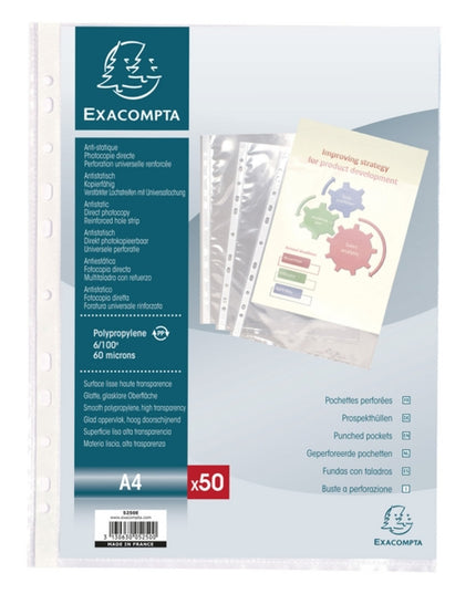Zak 50 geperforeerde pochetten A4 glad polypropyleen (niet gerecycleerd)
