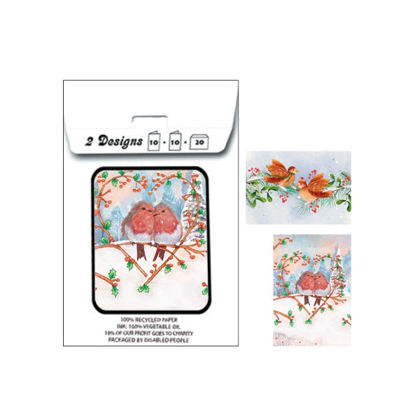 Kerstkaarten tasje 20x vogeltjes (F13114 + F13115)