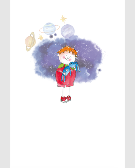 Wenskaart kind met blauwe knuffel