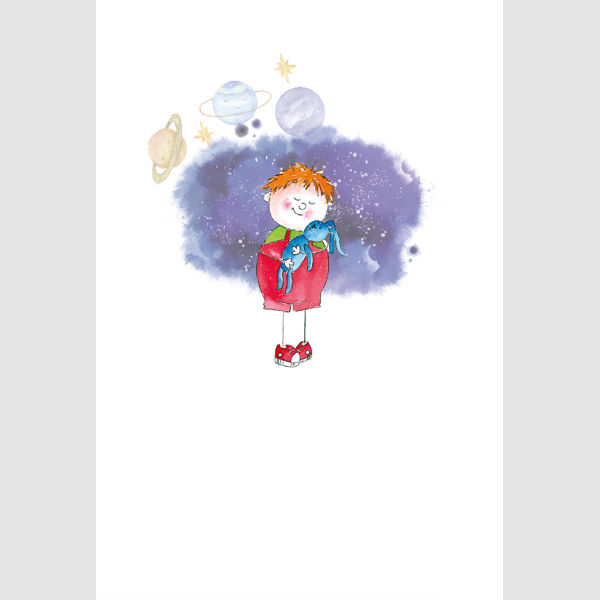 Wenskaart kind met blauwe knuffel