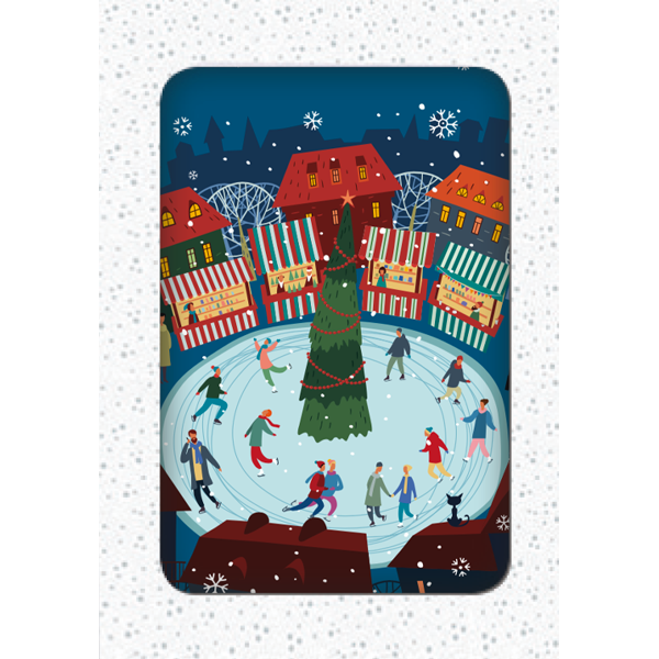 Kerstkaarten doosje 12x schaatsers en boom