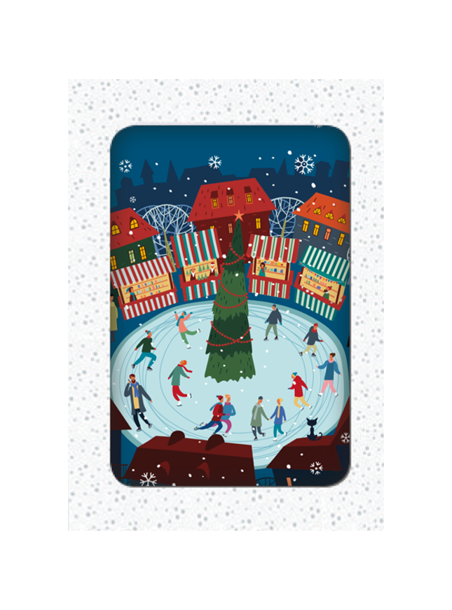 Kerstkaarten doosje 12x schaatsers en boom