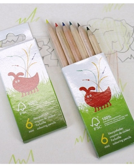 Boîte en carton contenant 6 mini crayons de couleur assortis - 100 % certifié FSC