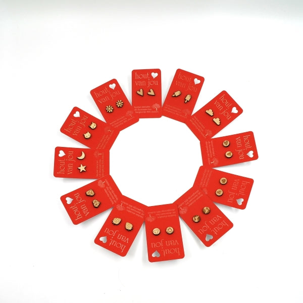 Houten oorbellen - Mix van 12 - Vormen en symbolen