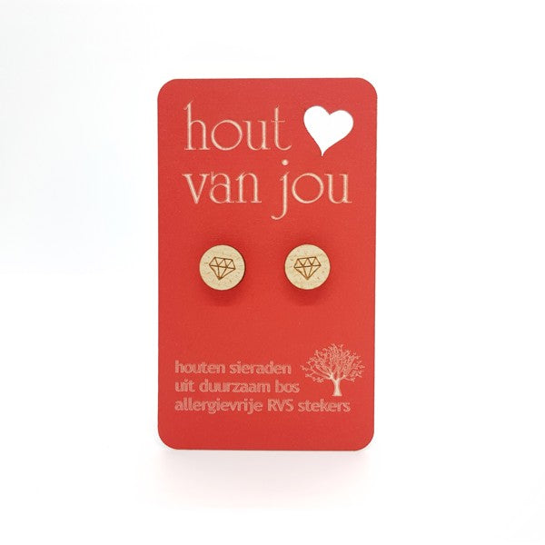 Houten oorbellen - Diamant