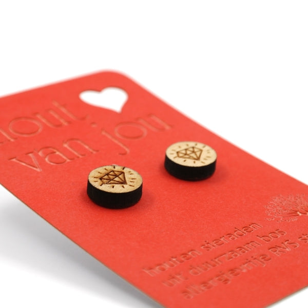 Houten oorbellen - Diamant