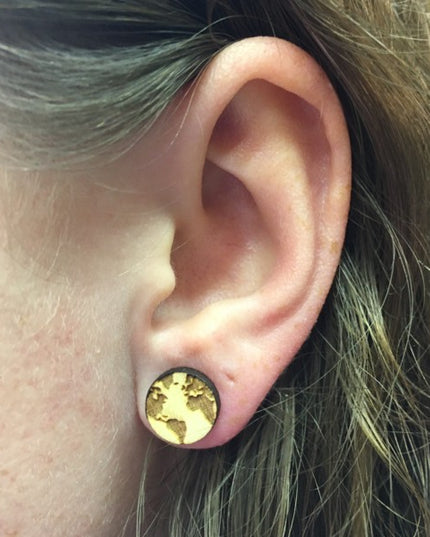 Houten oorbellen - Wereldbol