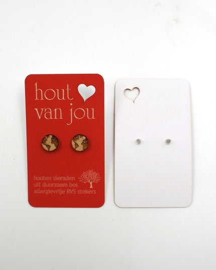 Houten oorbellen - Wereldbol