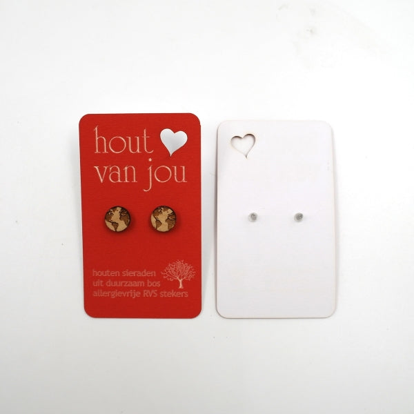 Houten oorbellen - Wereldbol