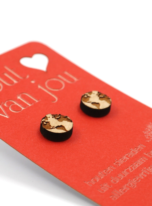 Houten oorbellen - Wereldbol