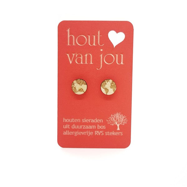 Houten oorbellen - Wereldbol