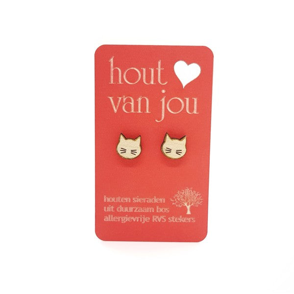 Houten oorbellen - Poes