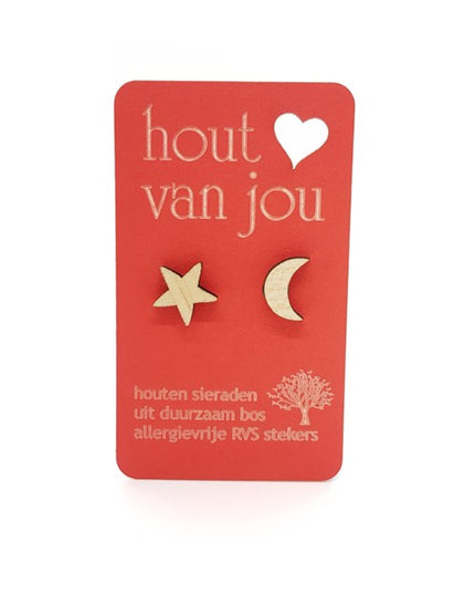 Houten oorbellen - Ster en maan
