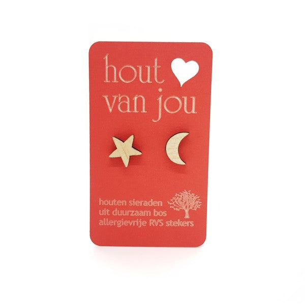 Houten oorbellen - Ster en maan