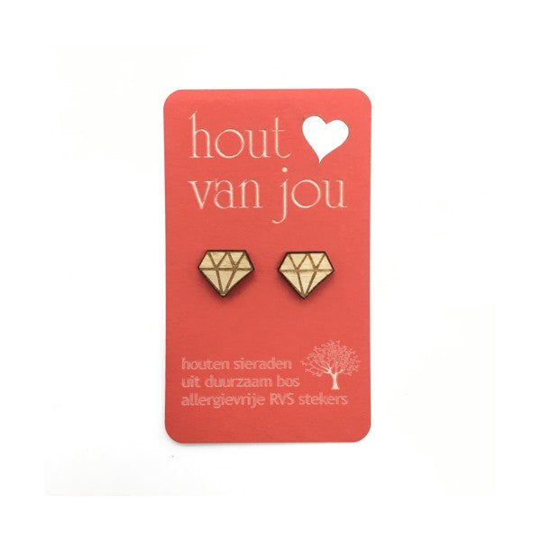 Houten oorbellen - Diamant 2
