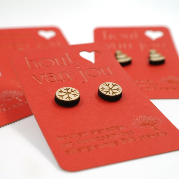 Houten oorbellen - Sneeuwvlokjes