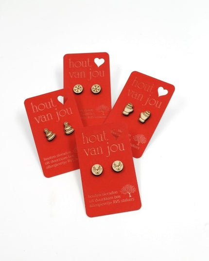 Houten oorbellen - Mix van 12 - Kerst