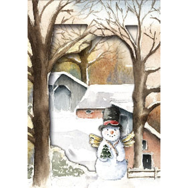 Kerstkaart 3D box boerderij sneeuwpop