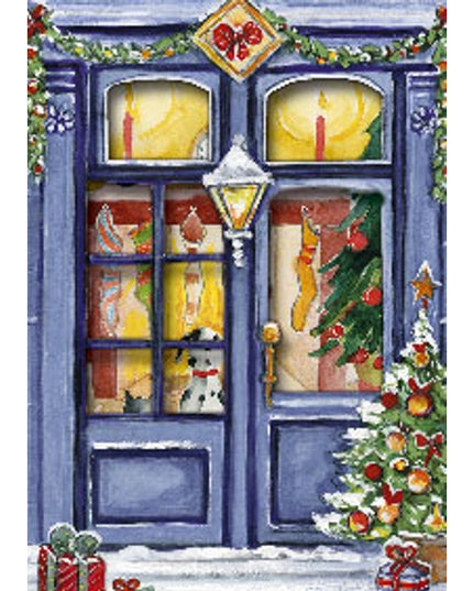 Kerstkaart 3D box kerstgevel blauw