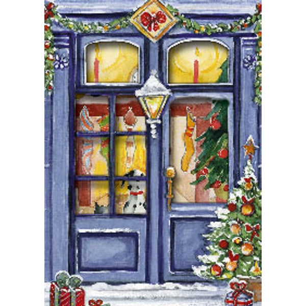 Kerstkaart 3D box kerstgevel blauw