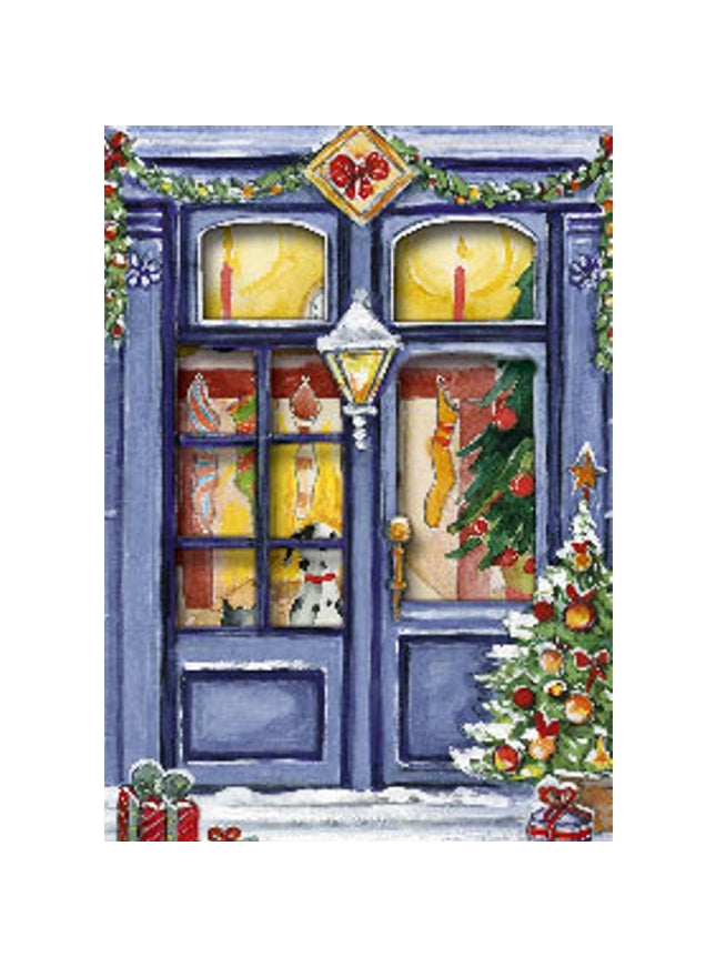 Kerstkaart 3D box kerstgevel blauw