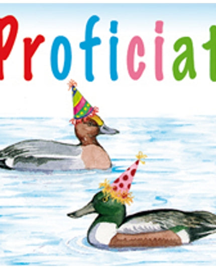 Vierkante wenskaart eenden, "Proficiat"