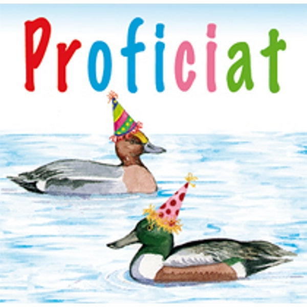Vierkante wenskaart eenden, "Proficiat"