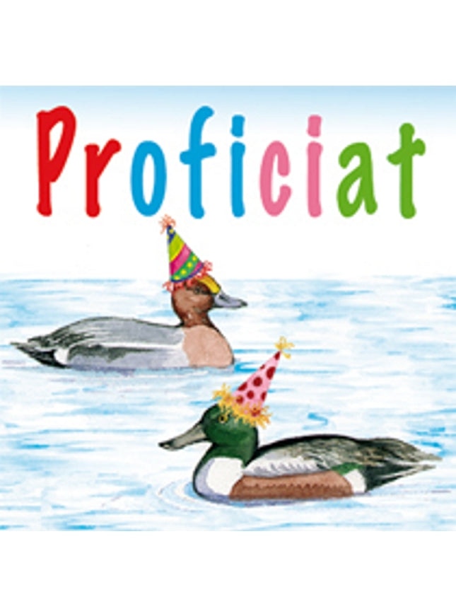 Vierkante wenskaart eenden, "Proficiat"