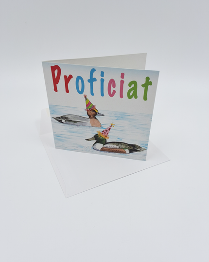 Vierkante wenskaart eenden, "Proficiat"
