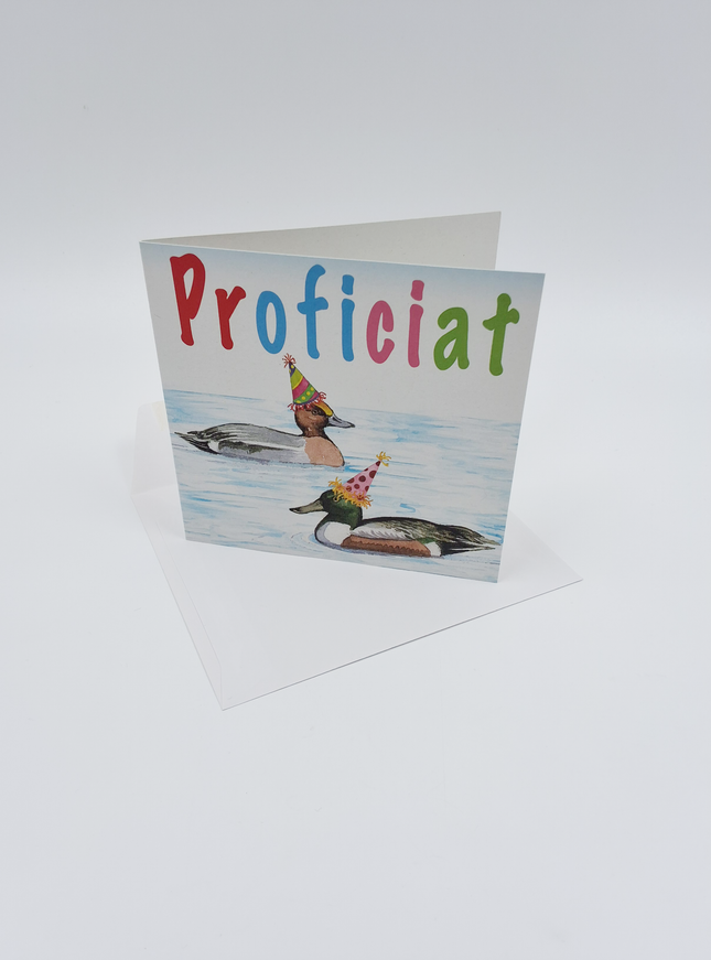 Vierkante wenskaart eenden, "Proficiat"