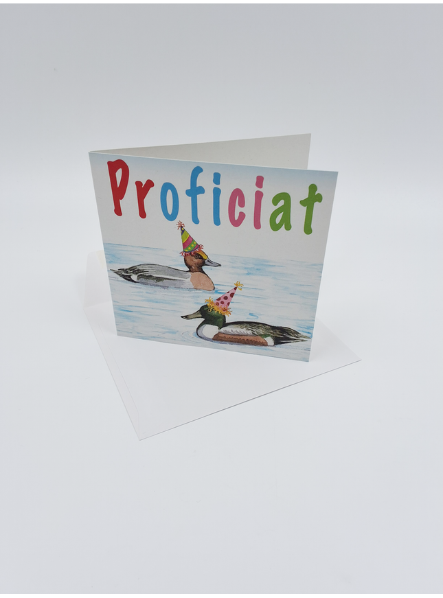 Vierkante wenskaart eenden, "Proficiat"