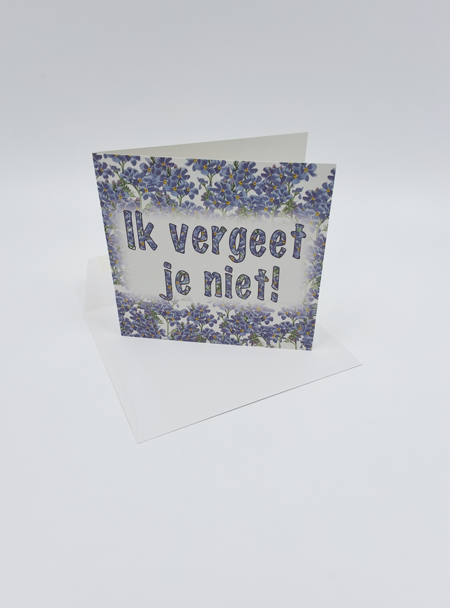 Vierkante wenskaart blauw, "Ik vergeet je niet"