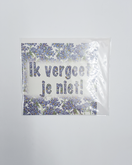 Vierkante wenskaart blauw, "Ik vergeet je niet"