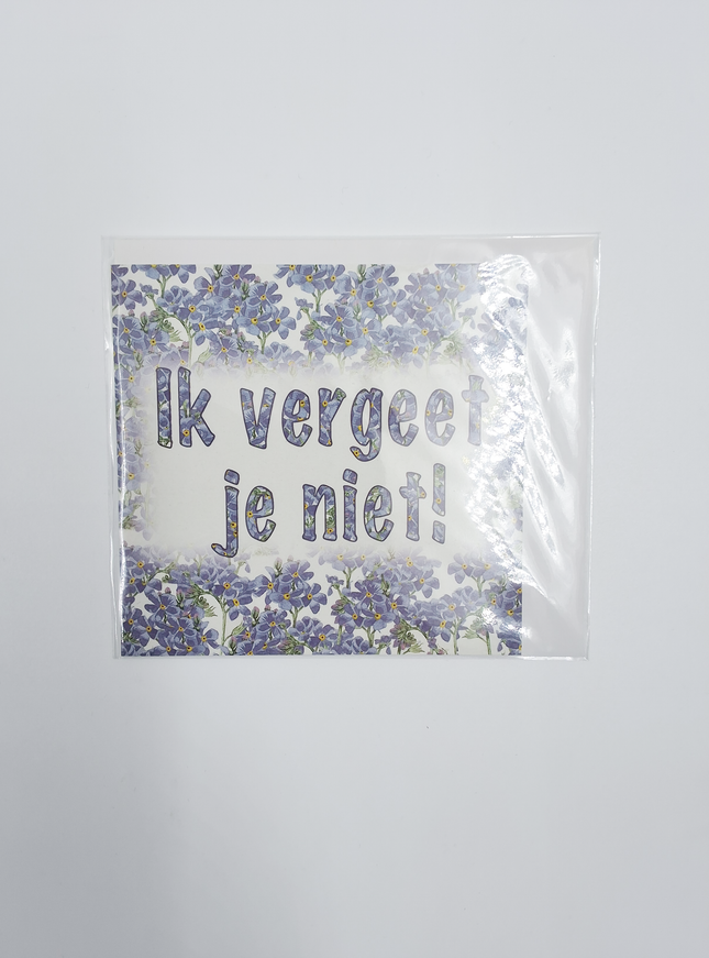 Vierkante wenskaart blauw, "Ik vergeet je niet"