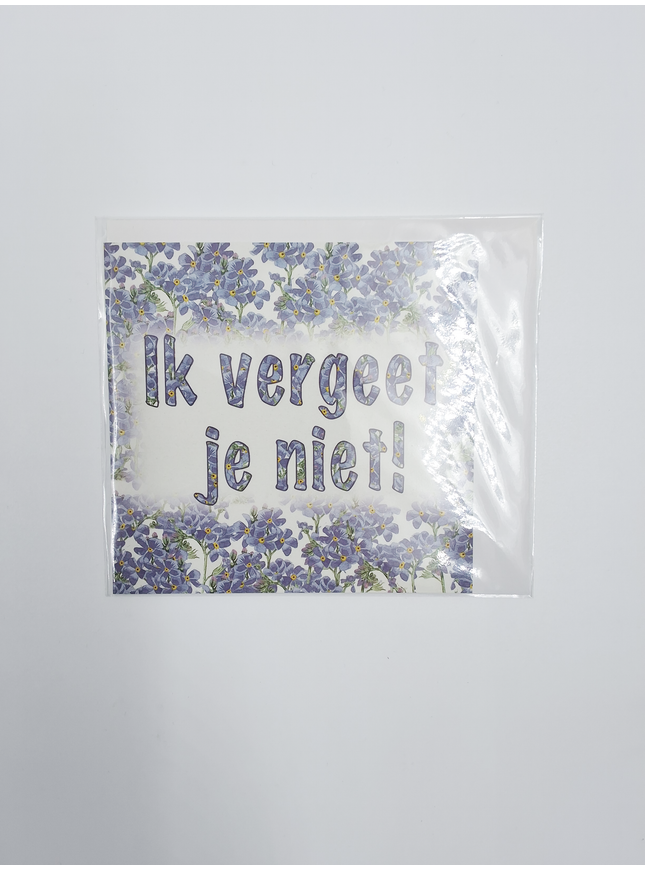 Vierkante wenskaart blauw, "Ik vergeet je niet"