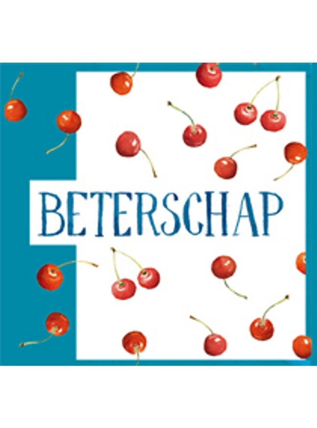 Vierkante wenskaart kersen, "Beterschap"