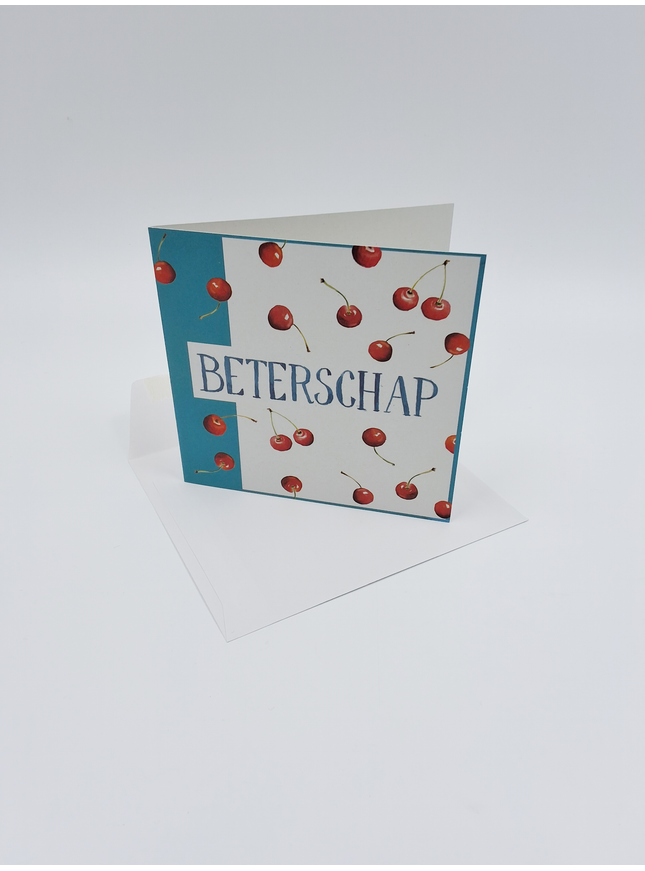 Vierkante wenskaart kersen, "Beterschap"