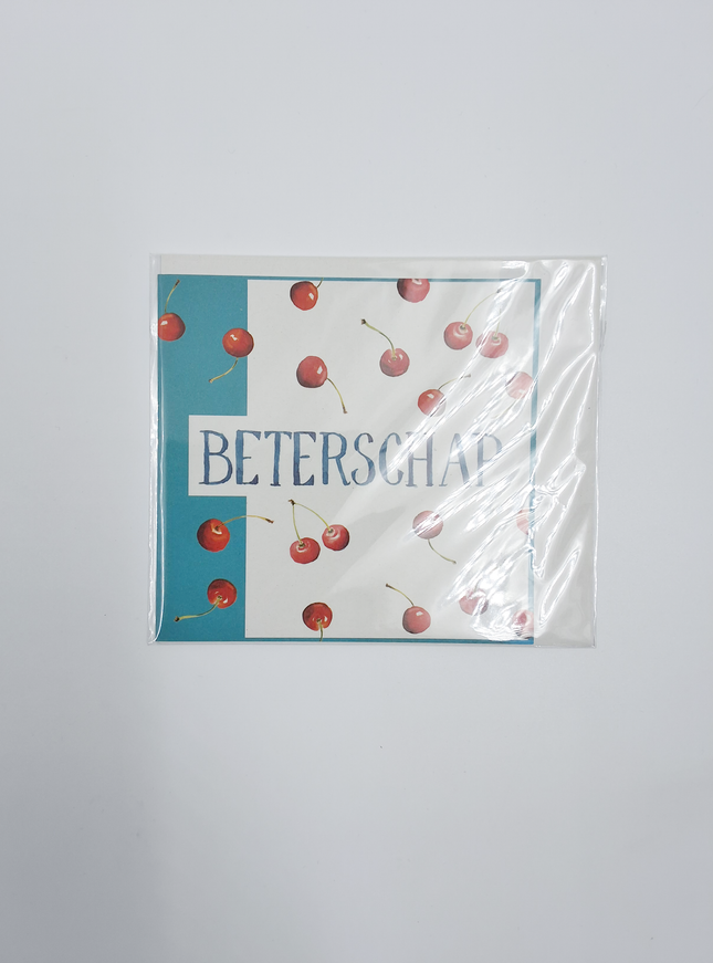 Vierkante wenskaart kersen, "Beterschap"