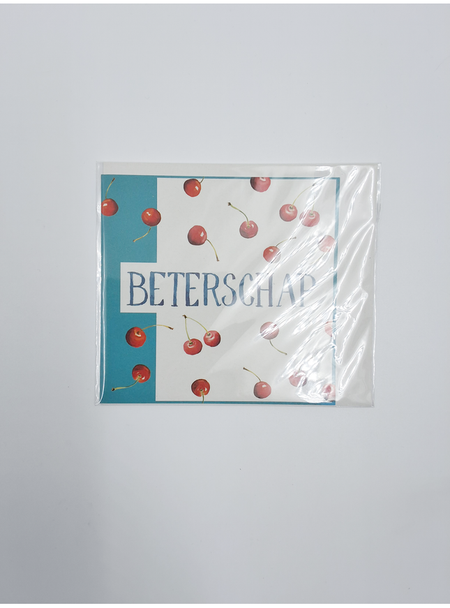 Vierkante wenskaart kersen, "Beterschap"