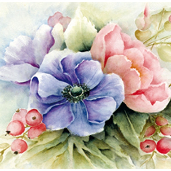 Vierkante wenskaart anemonen blauw/roze