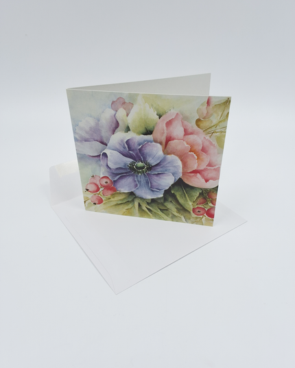 Vierkante wenskaart anemonen blauw/roze