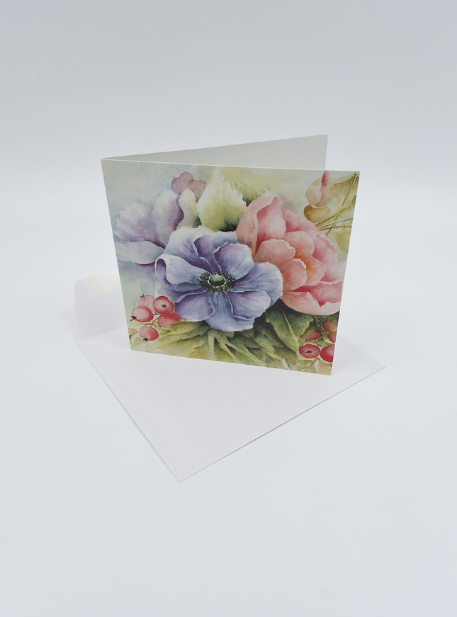 Vierkante wenskaart anemonen blauw/roze