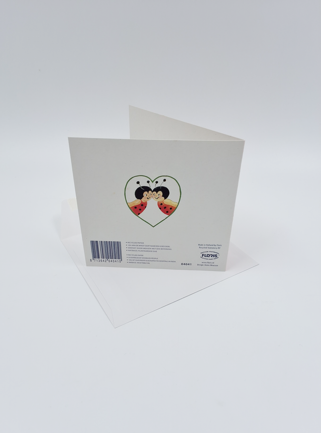 Vierkante wenskaart lieveheersbeestjes, "Veel geluk"