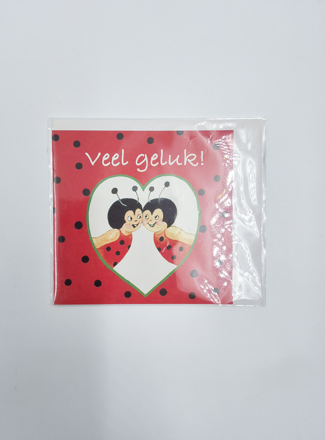 Vierkante wenskaart lieveheersbeestjes, "Veel geluk"