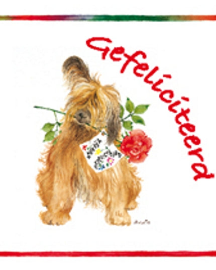 Vierkante wenskaart hond roos, "Gefeliciteerd"
