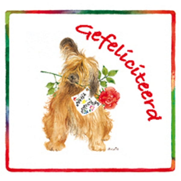 Vierkante wenskaart hond roos, "Gefeliciteerd"