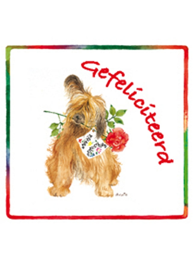 Vierkante wenskaart hond roos, "Gefeliciteerd"